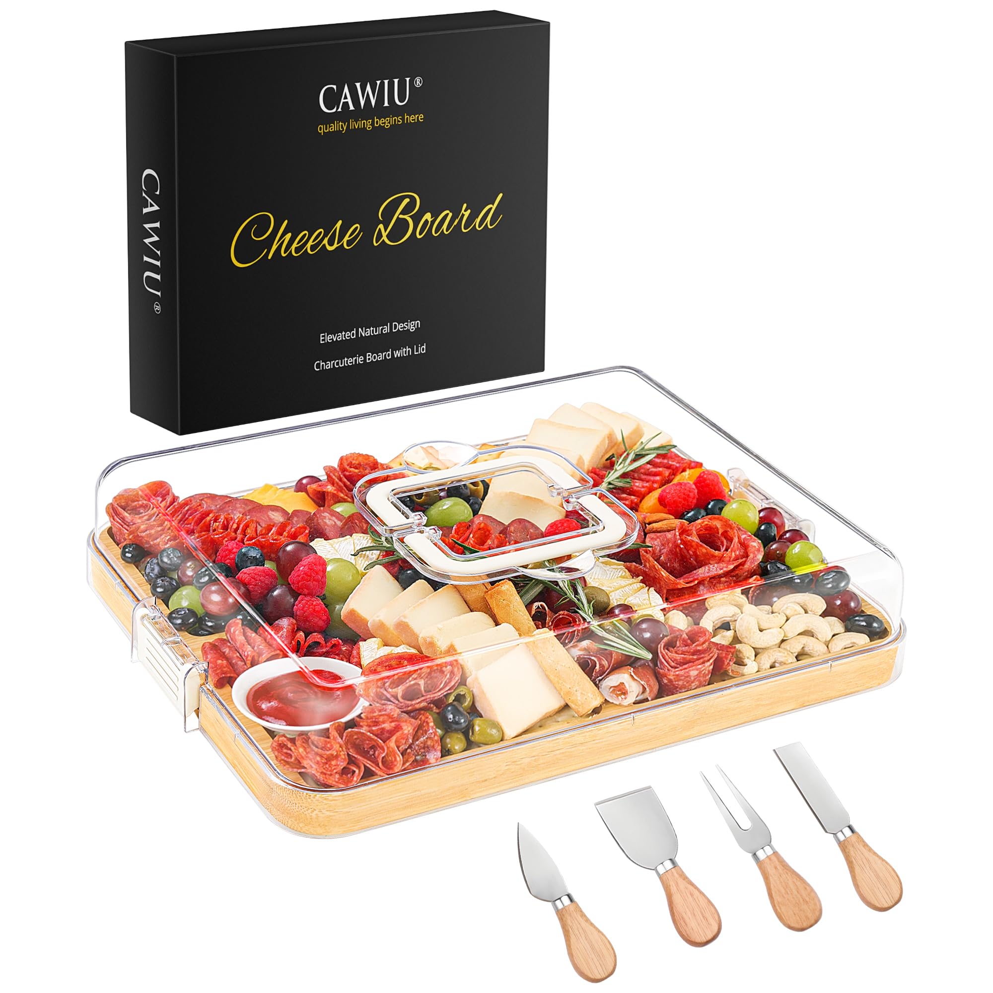 Portable Travel Charcuterie Board with Lid and Handle - Large Bamboo Cheese Board with 4 Cheese Knife Set for Outdoor, Picnics - Weddings, House Warming Gift for Women (6 Compartments, White)