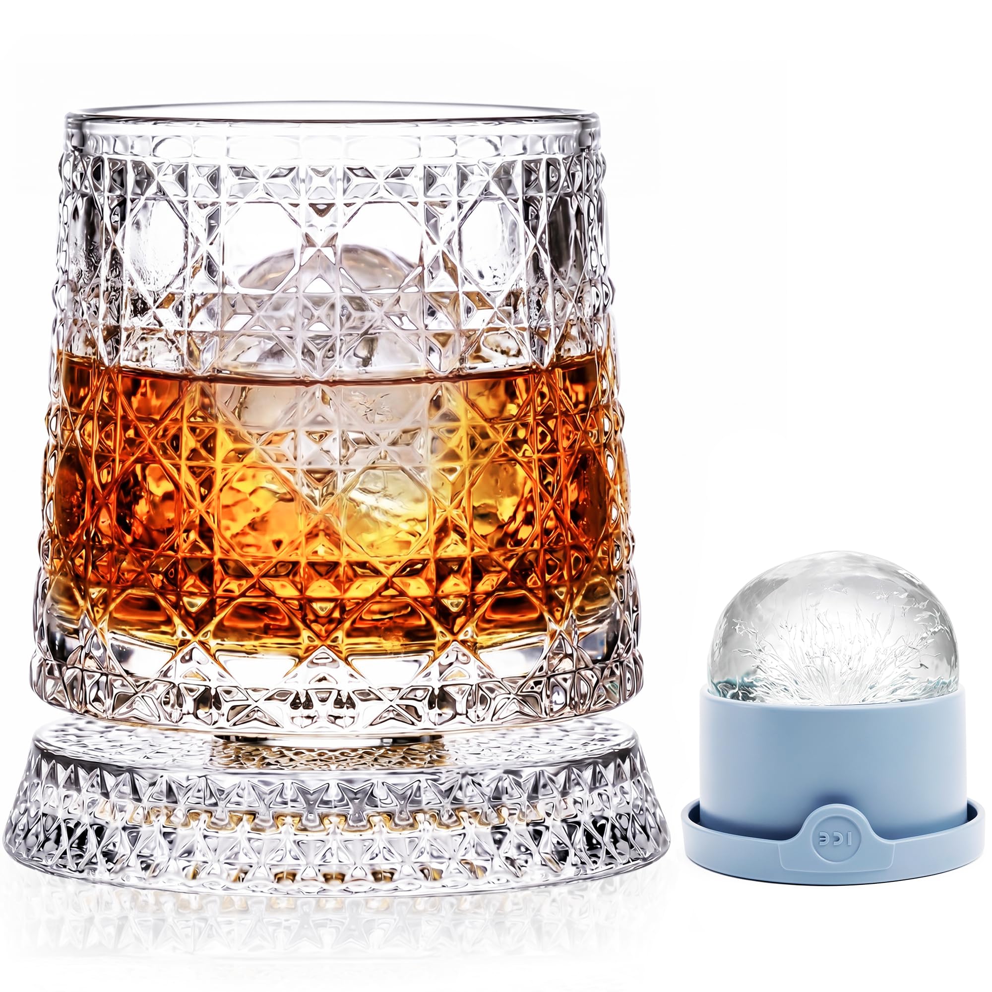 10oz Spinning Whiskey Glasses for Whiskey-lovers: 360° Rotating Crystal Glass with Iceball Mold for Scotch Bourbon - Old Fashioned Glasses for Bar Party Home - Gifts for Men Dad Husband (Jewel Print)