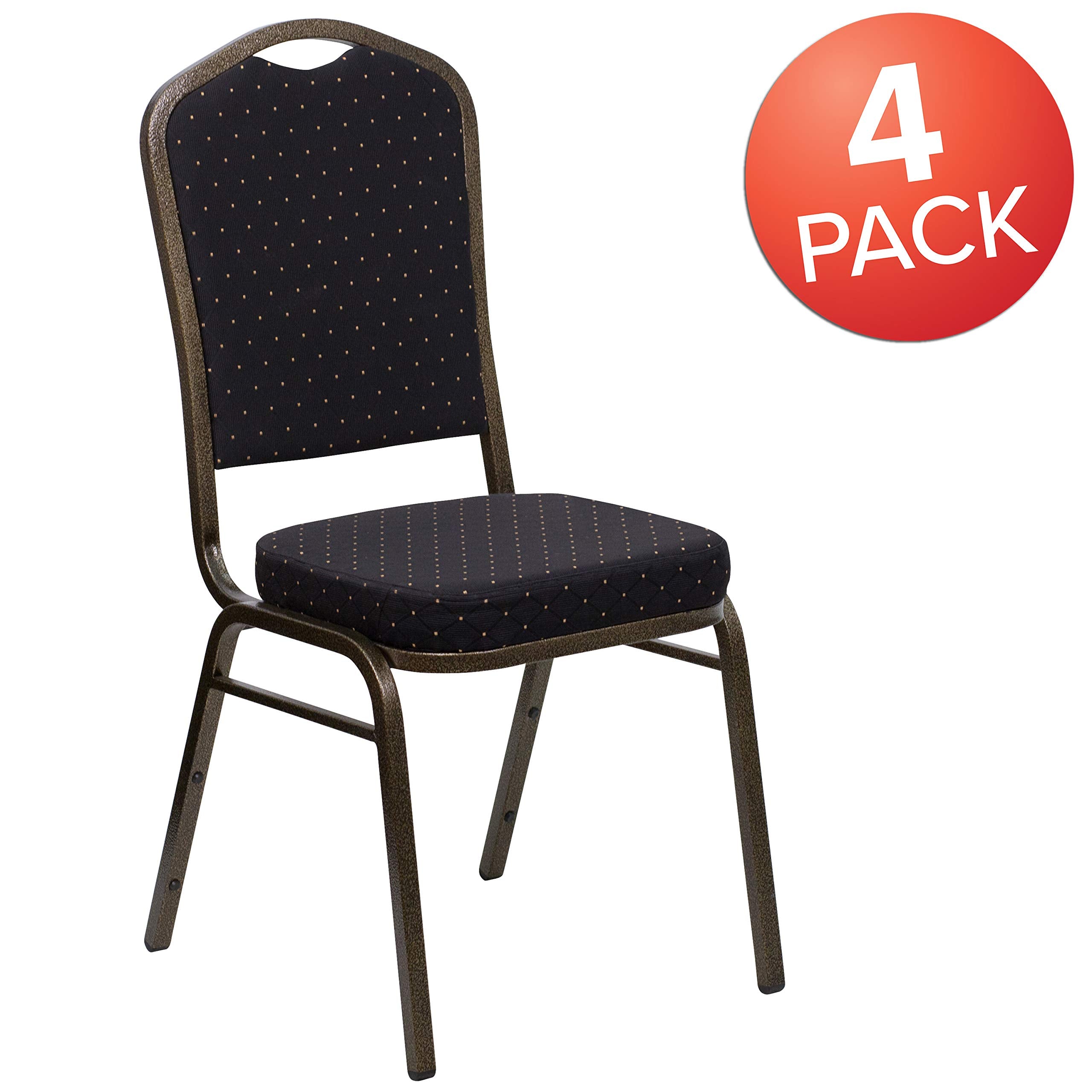 Flash Furniture Hercules Crown Back Stackable Banquet Chair, Black, 4-pack, Set of 4, Black Patterned Fabric/gold Vein Frame