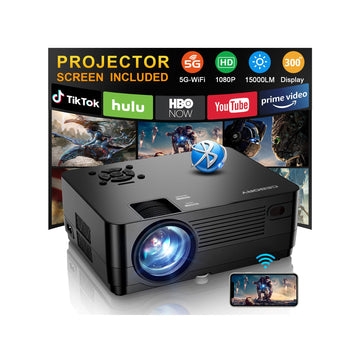 CEBORY Native 1080P Projector with Wifi and Bluetooth, 15000LM Full HD Movie Projector Include Screen and Carrying Bag,4K Proyectores Compatible with HDMIUSB/PHONE/Laptop, for Home, Bedroom, Outdoor