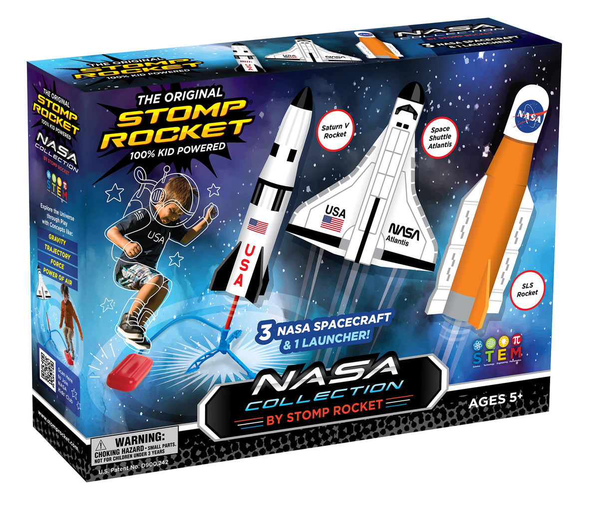 Stomp Rocket Space Collection Rocket Launcher for Kids, 3 NASA Rockets - Backyard & Outdoor Fun Toy Gift for Boys & Girls - STEM Soft Foam Blaster Set Soars Up to 100 Feet - Ages 5 & Up