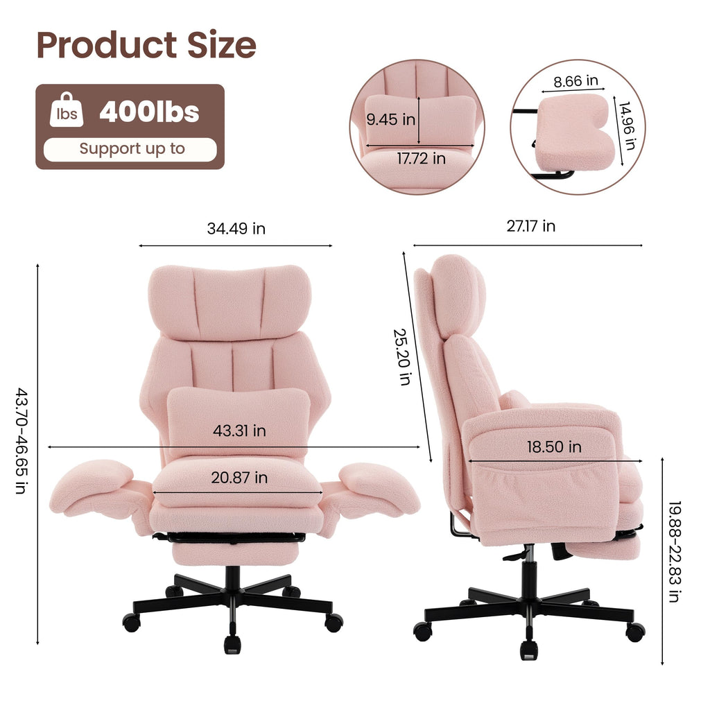 Criss Cross Chair with Footrest, Big and Tall Office Chair with Flip Arms, Teddy Pink