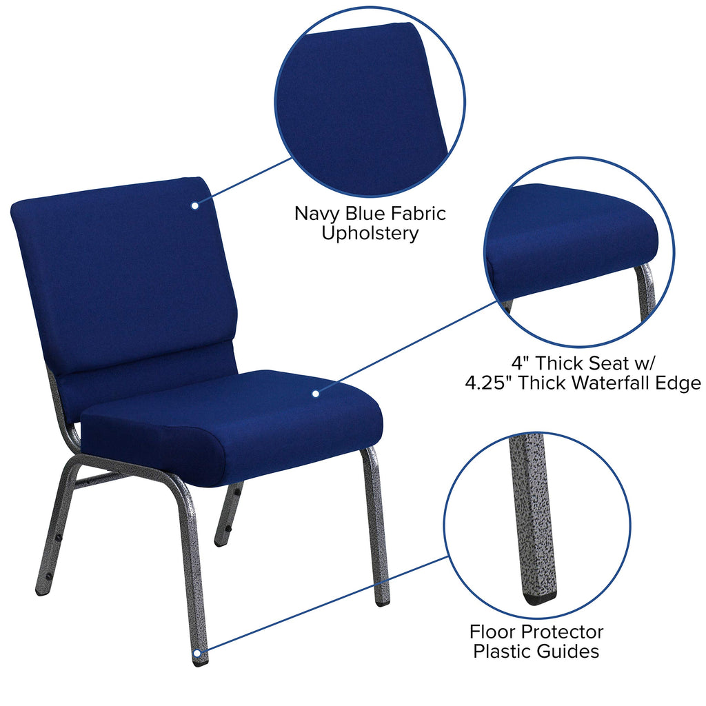 Emma + Oliver Navy Blue 21" W Stacking Church Chair, 4-pack, 21.25"W x 25"D x 33"H, Navy Blue Fabric/silver Vein Frame