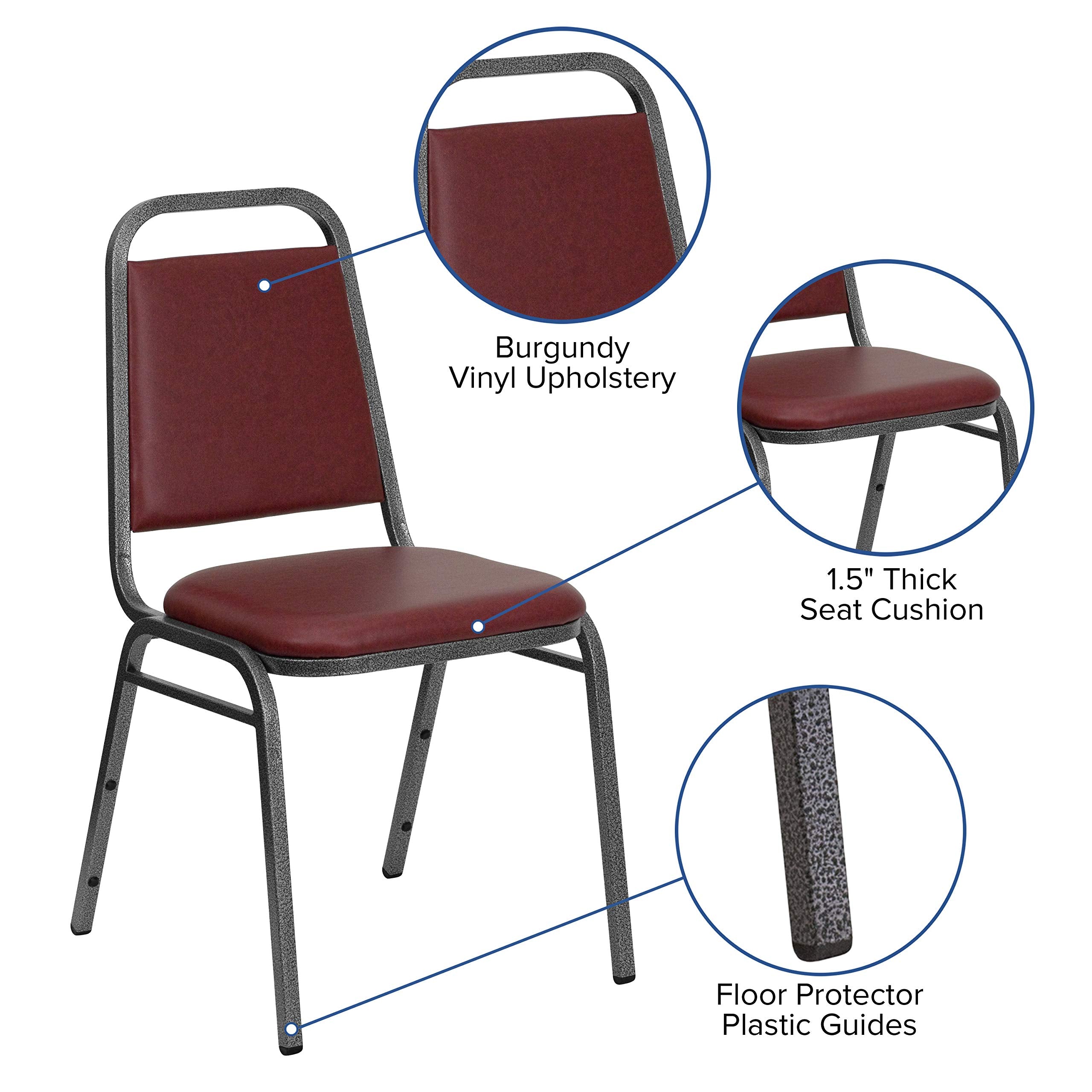 Emma + Oliver Burgundy Vinyl Trapezoidal Back Stacking Banquet Chair, 17.5"W x 20.25"D x 34"H, Burgundy Vinyl/silver Vein Frame