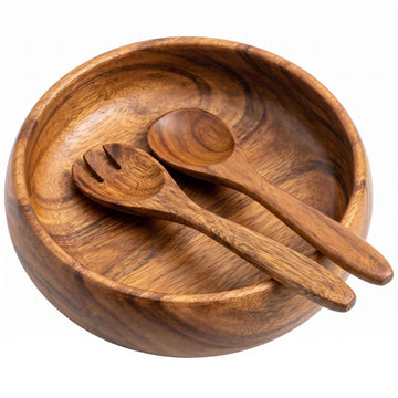 Handcrafted Hawaiian Acacia Wood Salad Bowl Set – 10” Round Wooden Bowl with Servers – Durable, Food-Safe, Eco-Friendly