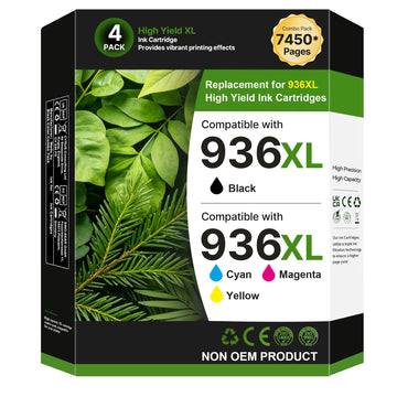 936e 936XL 936 Ink Cartridges for HP Printers 9125e 9120 9130 9135e 9730e Replacement for HP 936 Use for Office Jet Pro 9125 9135 9110b 9130b, Wide Format 9730e 9720e, 4-Pack B/C/M/Y HP936 with Chip