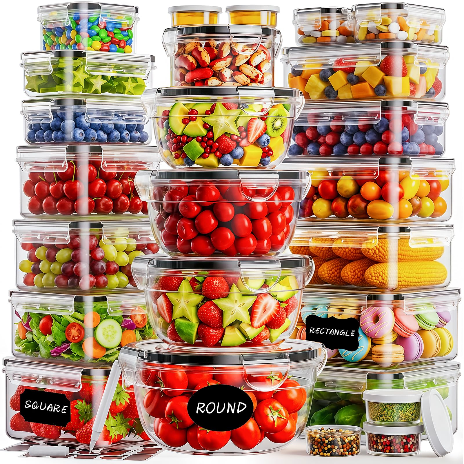 50 PCS Food Storage Containers with Lids (25 Containers & 25 Lids) - Reusable Plastic Food Containers for Kitchen Storage and Organization BPA-Free Leakproof Meal Prep Container with Labels & Pen