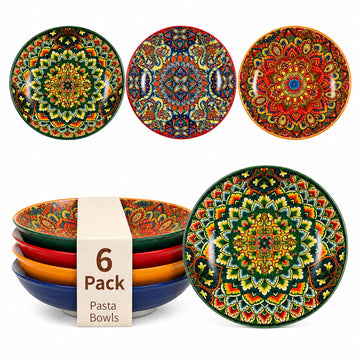 ELZONYX 32 oz Pasta Bowls Set of 6, Large Ceramic Colorful Deep Plates, Bohemian Style Soup Salad Bowls, Dishwasher & Microwave Safe for Kitchen, Boho Vibrant Dinnerware