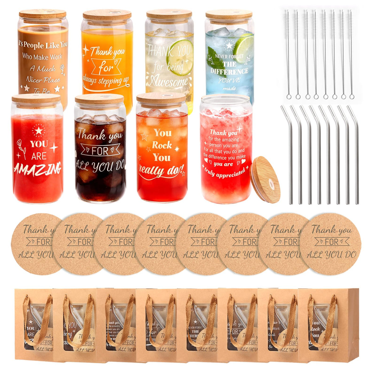 40 Pcs/8 Sets Employee Appreciation Gifts Glass Cups with Coasters, Straws, Gift Bags – Thank You Gifts for Coworkers, Teachers, Nurses, Staff, for Office, School, Team Building, Birthday & Holiday