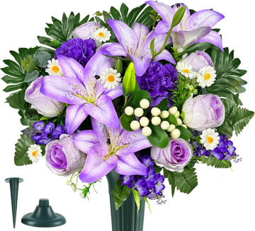 HENOMO Artificial Cemetery Flowers – Vibrant Rose Carnation, Outdoor Grave Decorations - 1 Purple Gravesite Bouquet with Vase