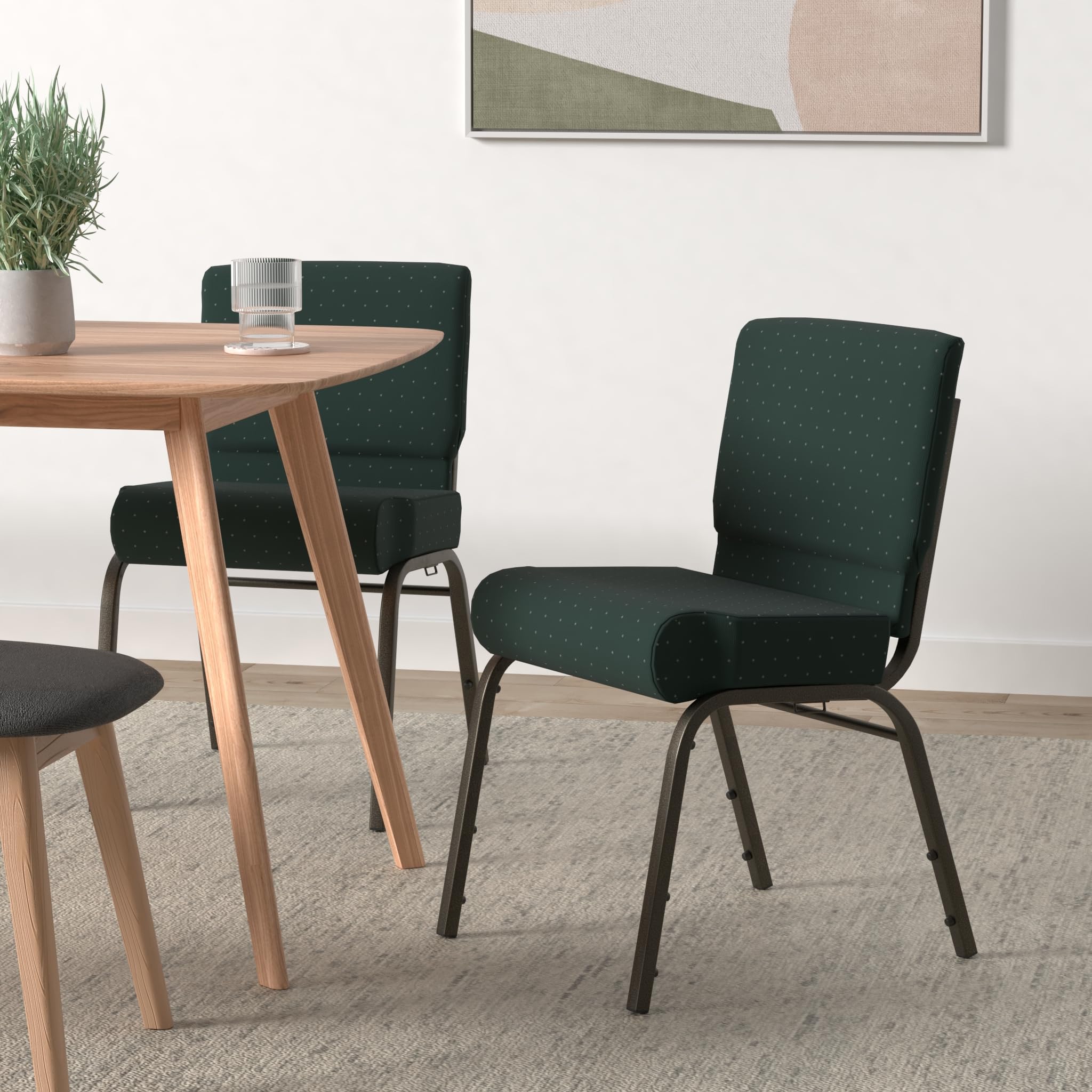 Flash Furniture 4 Pack Hercules Series 21''w Stacking Church Chair in Hunter Green Dot Patterned Fabric - Gold Vein Frame, Hunter Green Dot