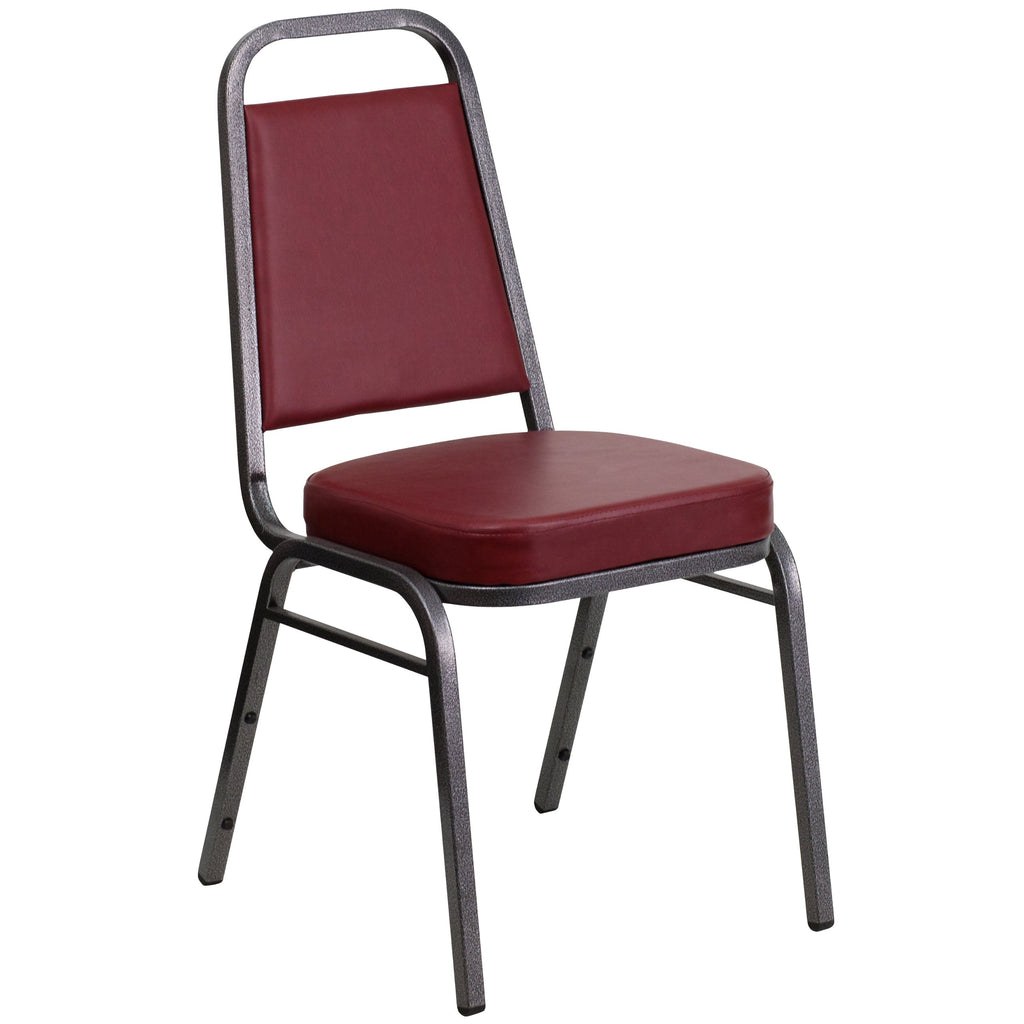 Emma + Oliver Burgundy Vinyl Trapezoidal Back Stacking Banquet Chair, 17.5"W x 20.25"D x 36"H, Burgundy Vinyl/silver Vein Frame