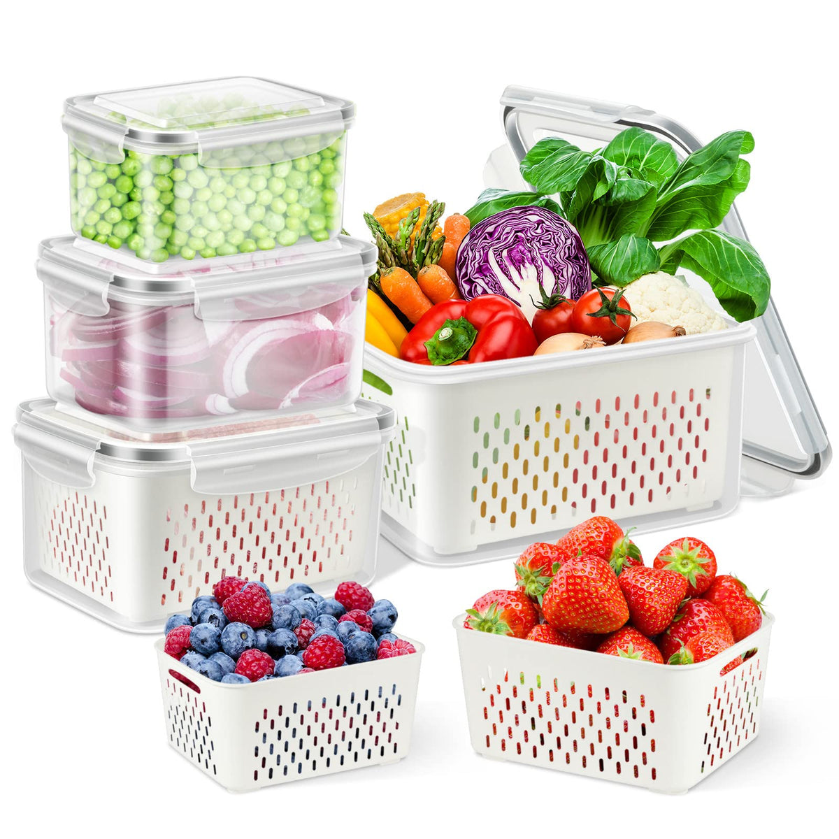 Fruit Storage Containers for Fridge Organizers and Storage, 4 Pack Large Produce Saver with Airtight Lid & Colander for Berry Lettuce Salad Vegetable Storage, Refrigerator Organizers