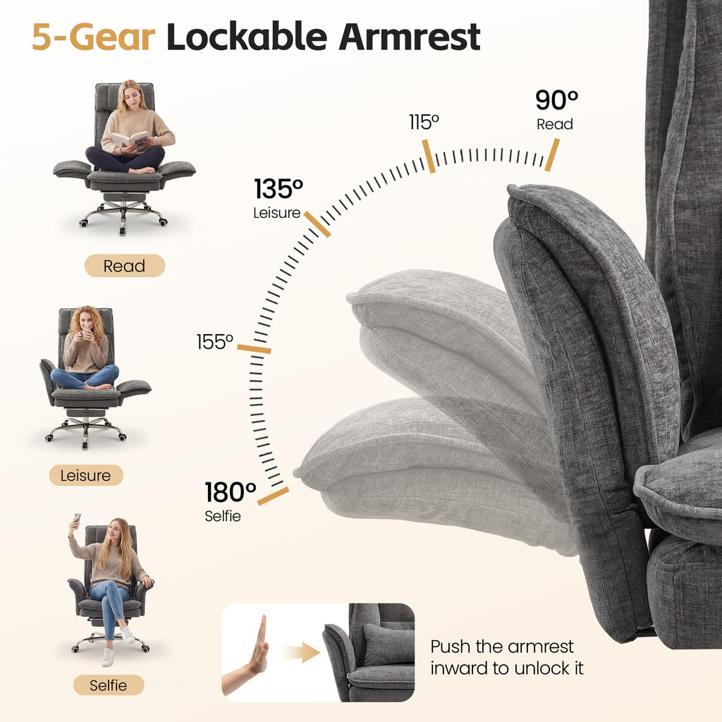 Big and Tall Office Chair, Footrest & Flip Armrest for Pets, Light Grey, Chenille