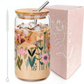 JOYMIA Floral Glass Cups with Lids and Straws – 16oz Wildflower Glass Can, Cute Coffee Tumbler for Home & Office,Reusable Straw – Perfect Flower Girl Cup & Gifts for Women