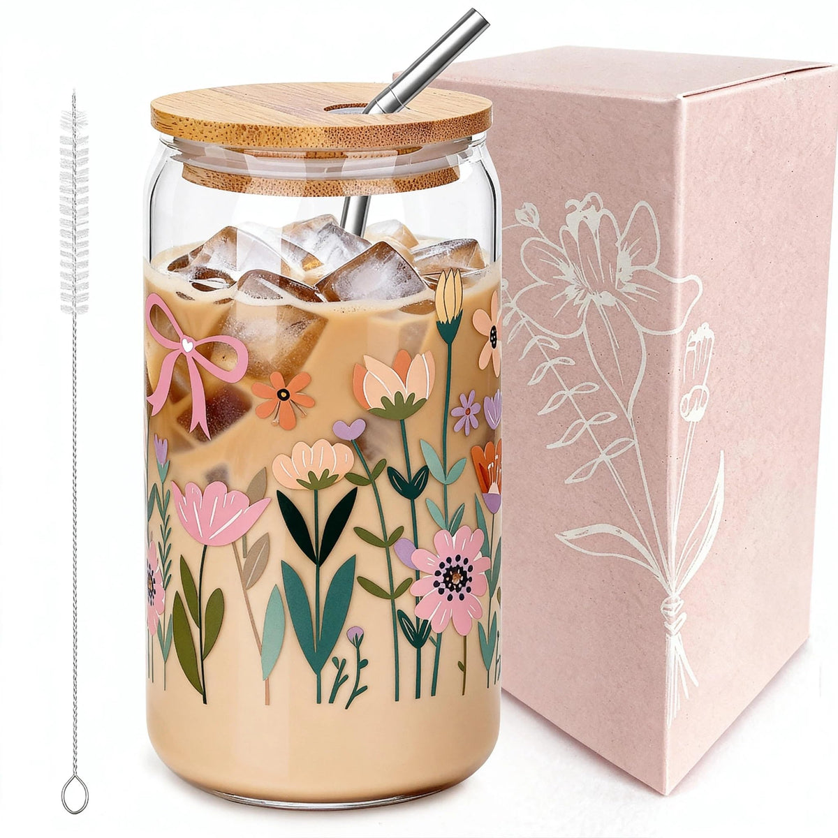 JOYMIA Floral Glass Cups with Lids and Straws – 16oz Wildflower Glass Can, Cute Coffee Tumbler for Home & Office,Reusable Straw – Perfect Flower Girl Cup & Gifts for Women