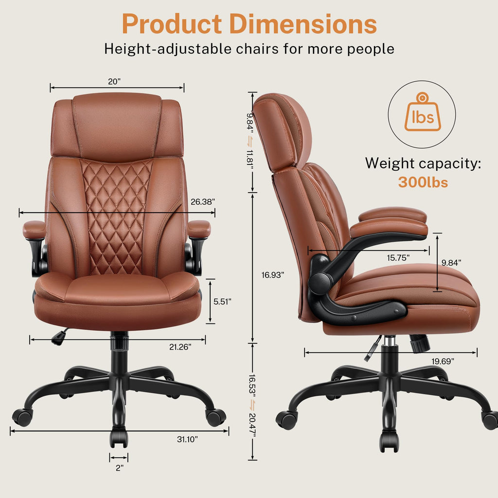 Office Chair Flip Up Arms, Executive Leather Office Chair Ergonomic Desk Chair with Lumbar Support, Adjustable Headrest, Computer Chair Home