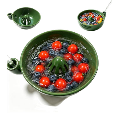 Ceramic Berry Washing Bowl Automatic Self-Spinning Fruit Vegetable Washer with Drain Holes 360° Spin Colander Rinse Serve Bowl for Berries, Grapes, Cherry Tomatoes and Salad