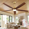 60 Inch Outdoor Ceiling Fan with Lights, Gold Brass Finish, 5 Solid Walnut Wood Blades, High CFM Quiet DC Motor, Modern Farmhouse Ceiling Fans, DampRated for Covered Patio Porch Gazebo Indoor Exterior