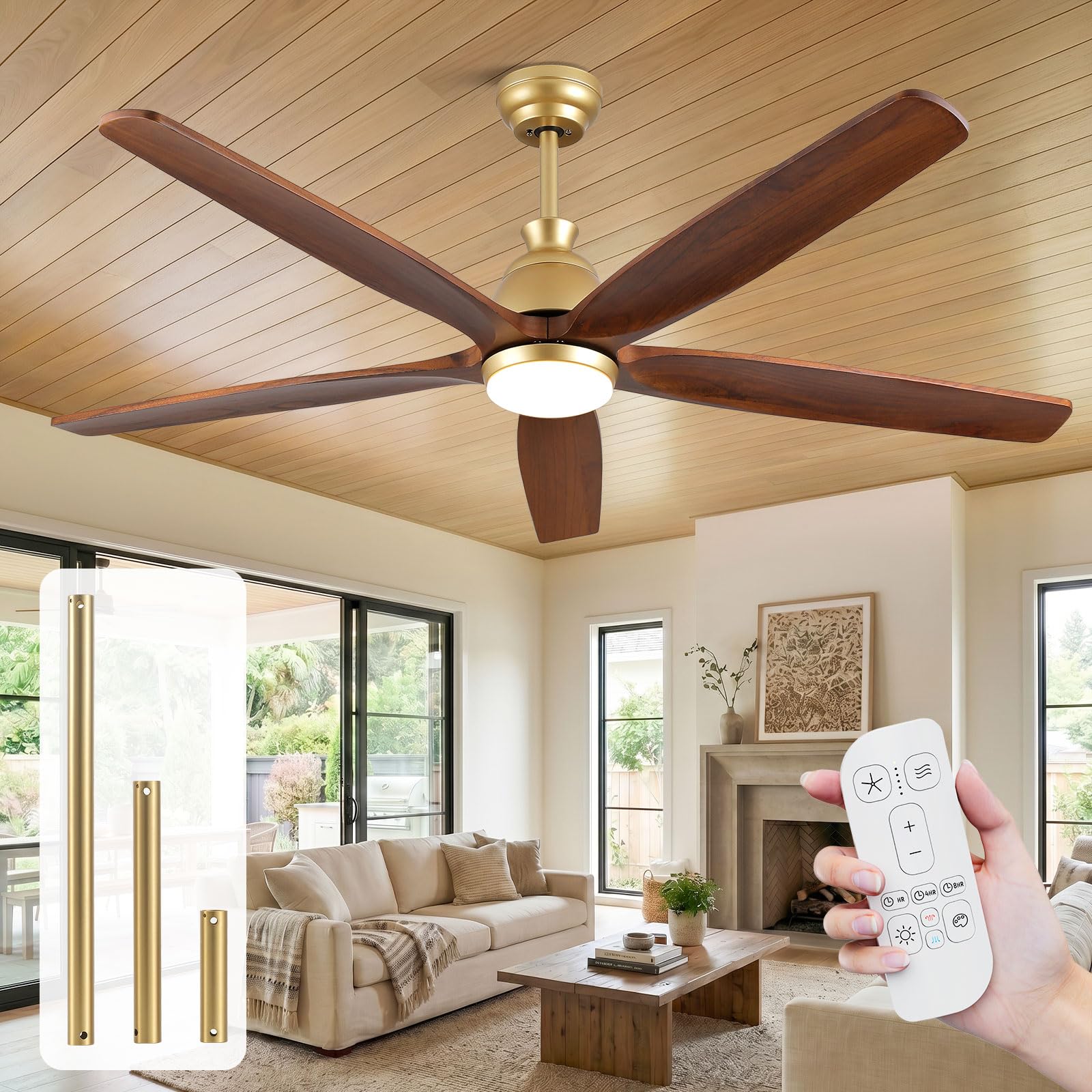 60 Inch Outdoor Ceiling Fan with Lights, Gold Brass Finish, 5 Solid Walnut Wood Blades, High CFM Quiet DC Motor, Modern Farmhouse Ceiling Fans, DampRated for Covered Patio Porch Gazebo Indoor Exterior