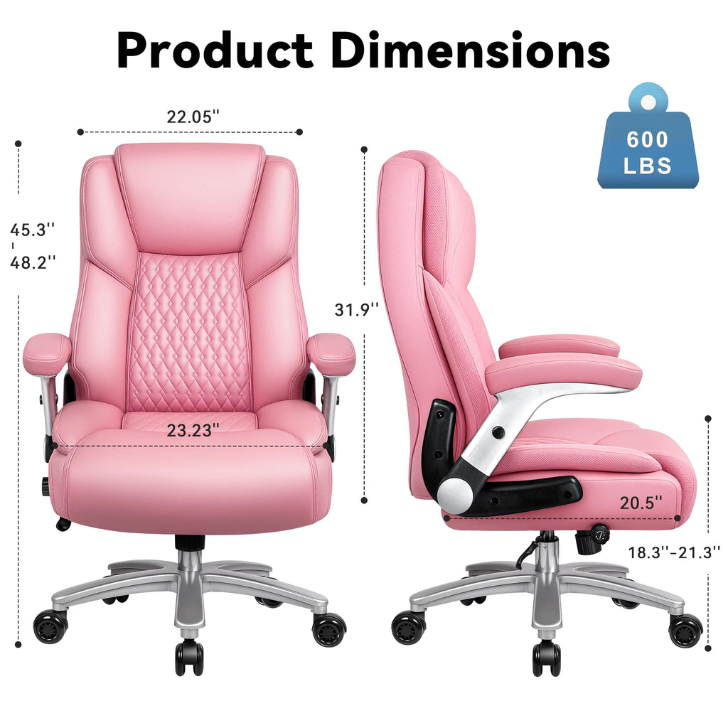 Big and Tall Office Chair 600lbs, Heavy Duty Executive Office Chair for Heavy People, Pink High Back Office Leather Ergonomic Chair with