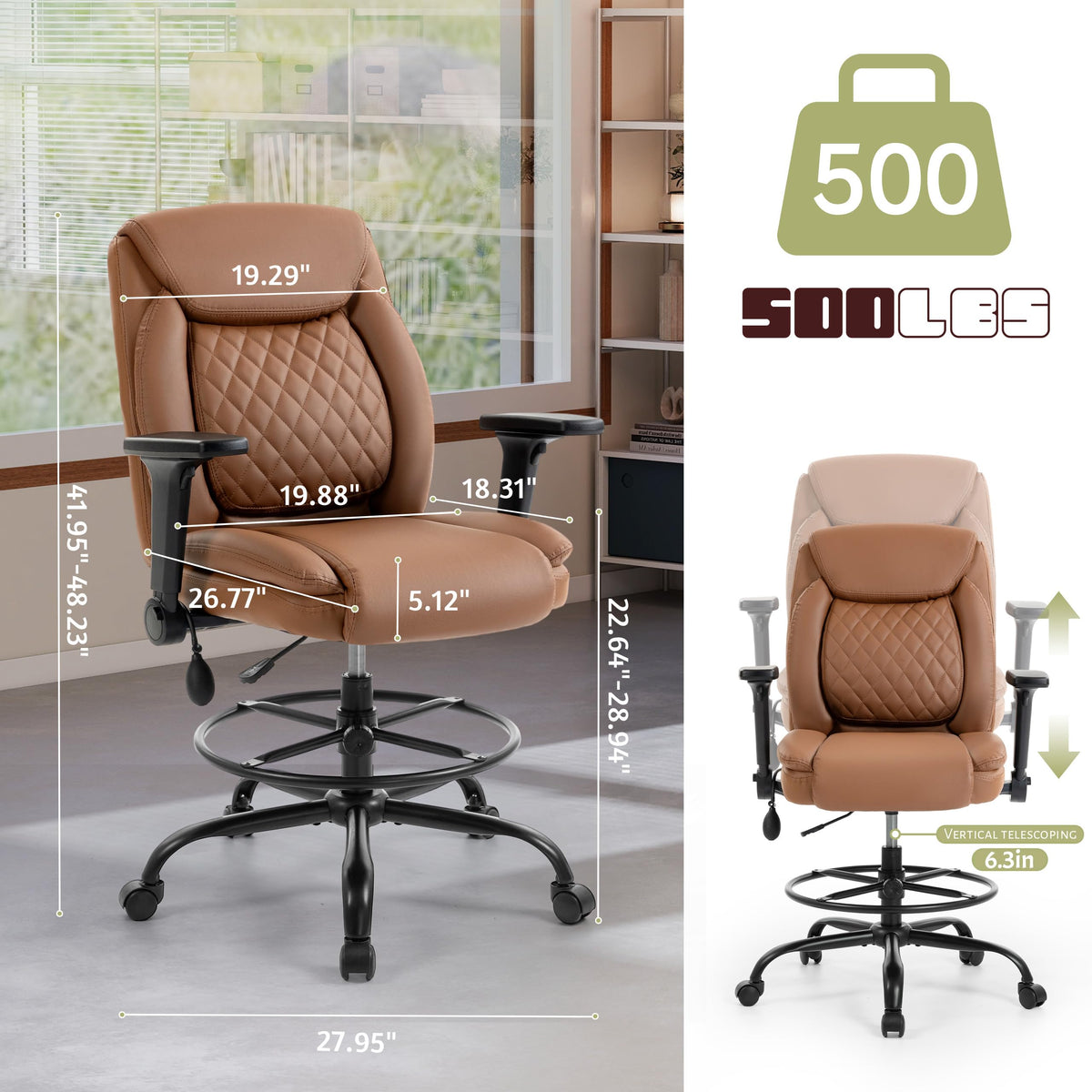 Drafting Chair,executive Tall Office Chair Flip-up Armrests for Counter Height Desk Drawing Use,high Task Chair with Adjustable Foot Ring &