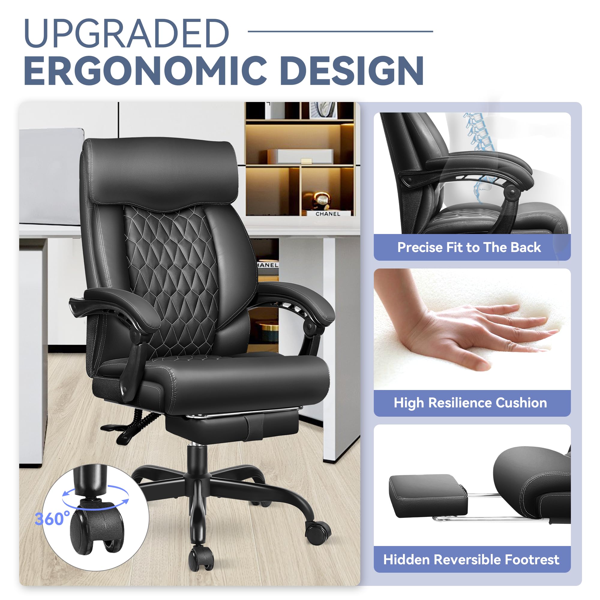 Office Chair, Big and Tall Office Desk Chair, Reclining Office Chair with Footrest Home Office Desk Chairs, High Back Ergonomic with Lumbar