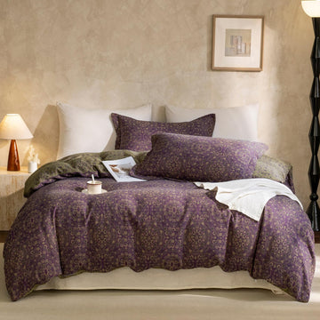 VM VOUGEMARKET Purple Flower Duvet Cover Set King,Yarn-Dyed Cotton Jacquard Textured Boho Medallion Bedding Set,Retro Reversible Green Floral Duvet Cover with Zipper Ties