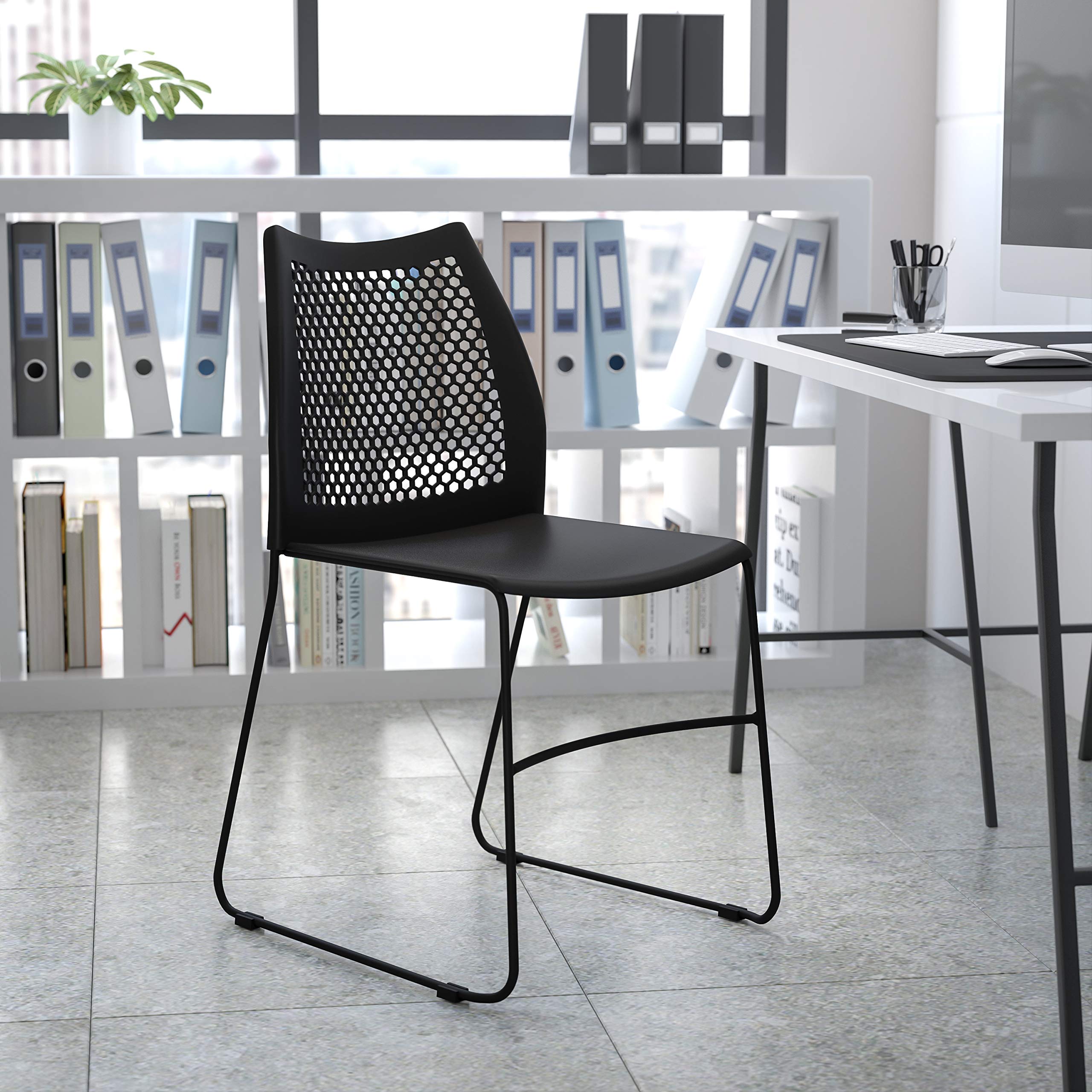 Emma + Oliver Home and Office Navy Sled Base Stack Chair with Air-vent Back, 18.25"W x 21"D x 32"H