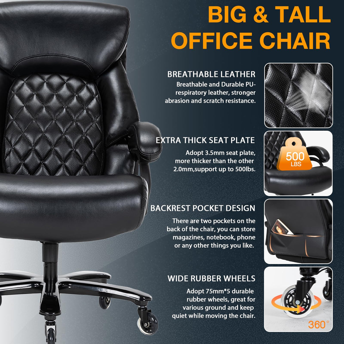 Big and Tall Office Chair for Heavy People, 500lbs High Back Extra Wide Heavy Duty Executive Office Chair Comfortable for Home Office, Large