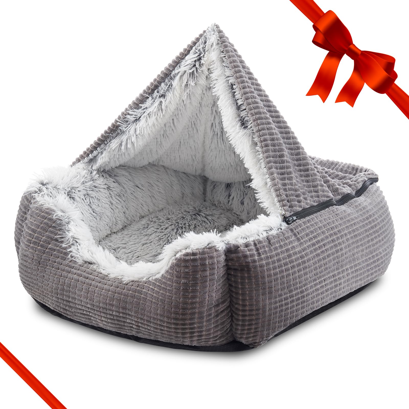 MIXJOY Dog Beds for Medium Large Small Dogs, Rectangle Cave Hooded Blanket Puppy Bed, Luxury Orthopedic Cat Beds for Indoor Cats, Warmth and Machine Washable (25 inches, Grey)