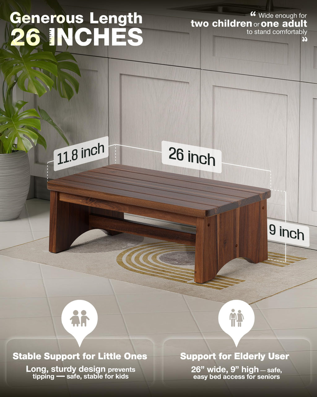 Fanatu Extra Wide 26in Wooden Step Stool, Heavy Duty, Holds Up to 550 Lbs, Walnut