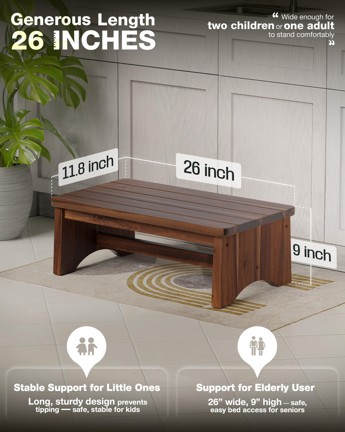 Fanatu Extra Wide 26in Wooden Step Stool, Heavy Duty, Holds Up to 550 Lbs, Walnut