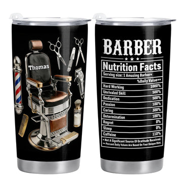 Barber Nutrition Facts, Personalized Tumbler, Gift for Barbers Funny Insulated Travel Mug Unique Birthday Present For Men Hair Cutter Salon Decor Cup Hot Cold Drinkware Custom Name Accessories