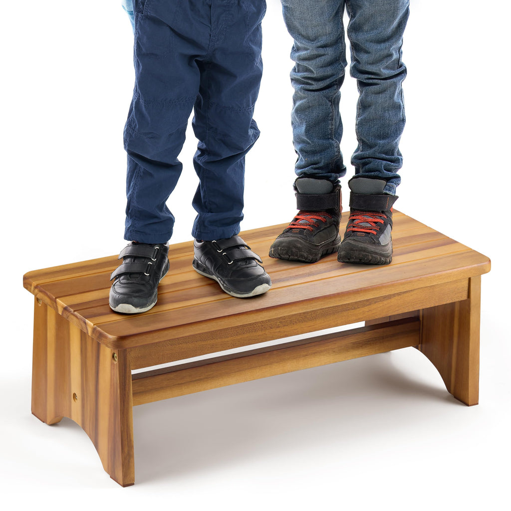 Fanatu Extra Wide 26in Wooden Step Stool, Heavy Duty, Holds Up to 550 Lbs, 11.8''D x 26''W x 9''H, Warm Acacia