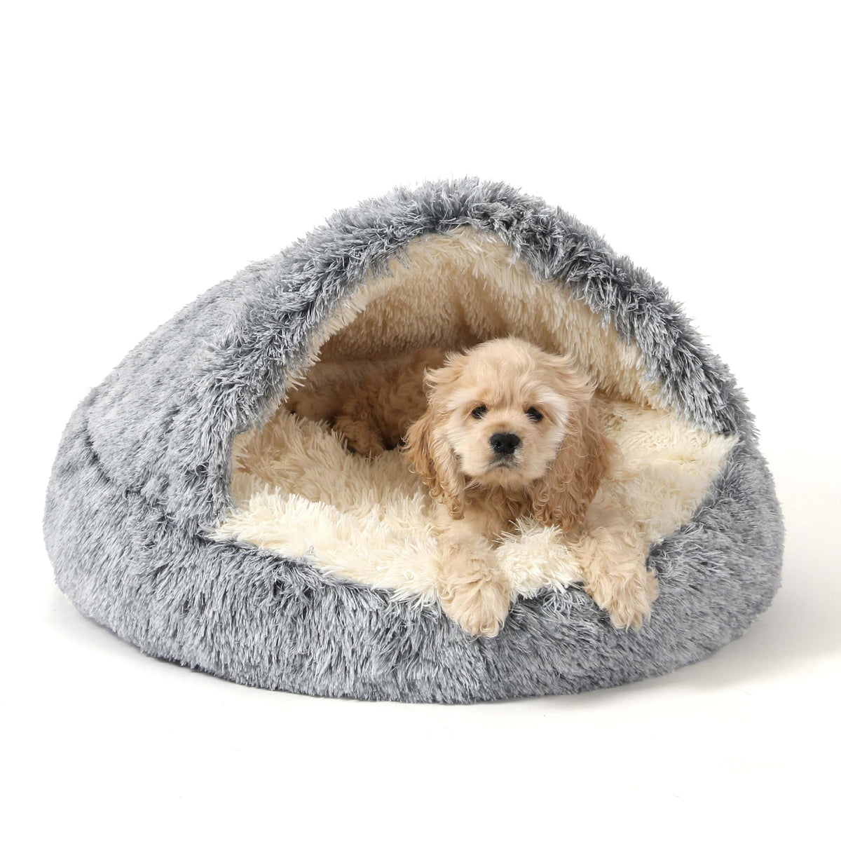 NOYAL Round Hooded Donut Dog Bed for Small & Medium Pets - Plush Fluffy Anti-Anxiety Cat Cave Bed with Cover