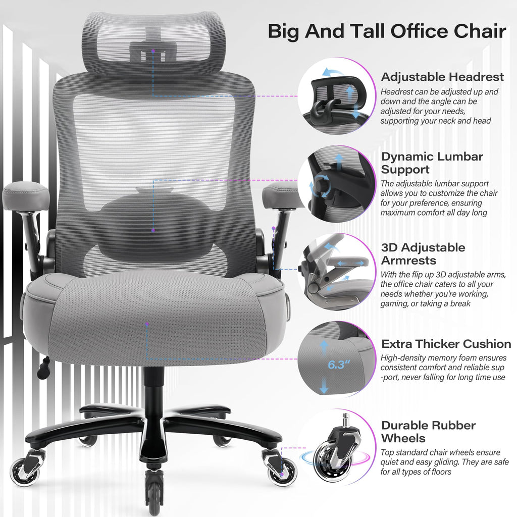 600lbs Big and Tall Office Chair, Heavy Duty Executive Computer Desk Chair, X-Large, Grey