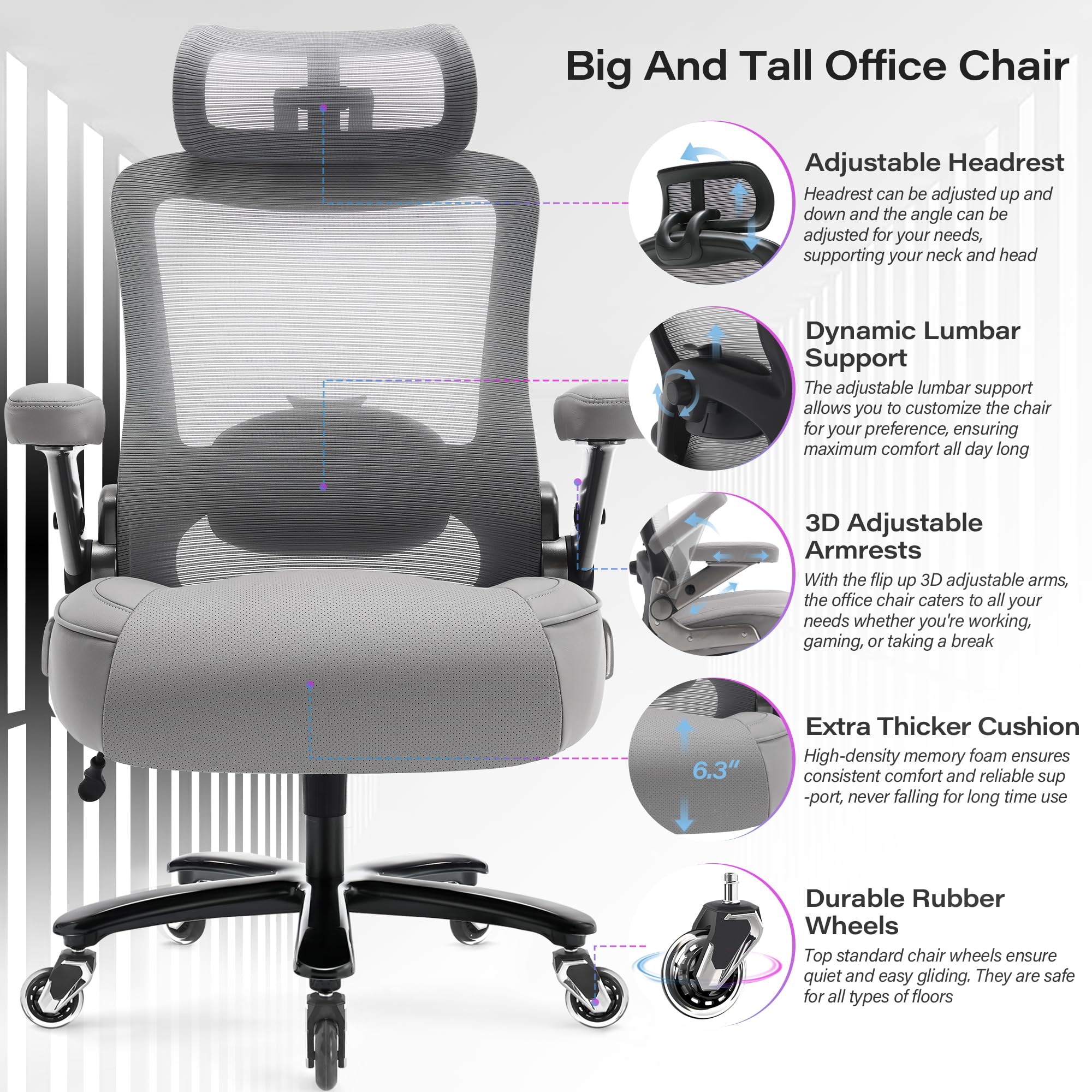 600lbs Big and Tall Office Chair, Heavy Duty Executive Computer Desk Chair, X-Large, Grey