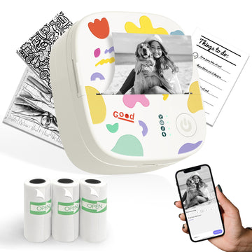 Mini Sticker Printer AHM2, Mini Thermal Printer with 3 Rolls Paper, Portable Bluetooth Inkless Printpods, Pocket Label Maker Suitable for Creative Kids DIY, Diaries, Photos, Study Notes -White