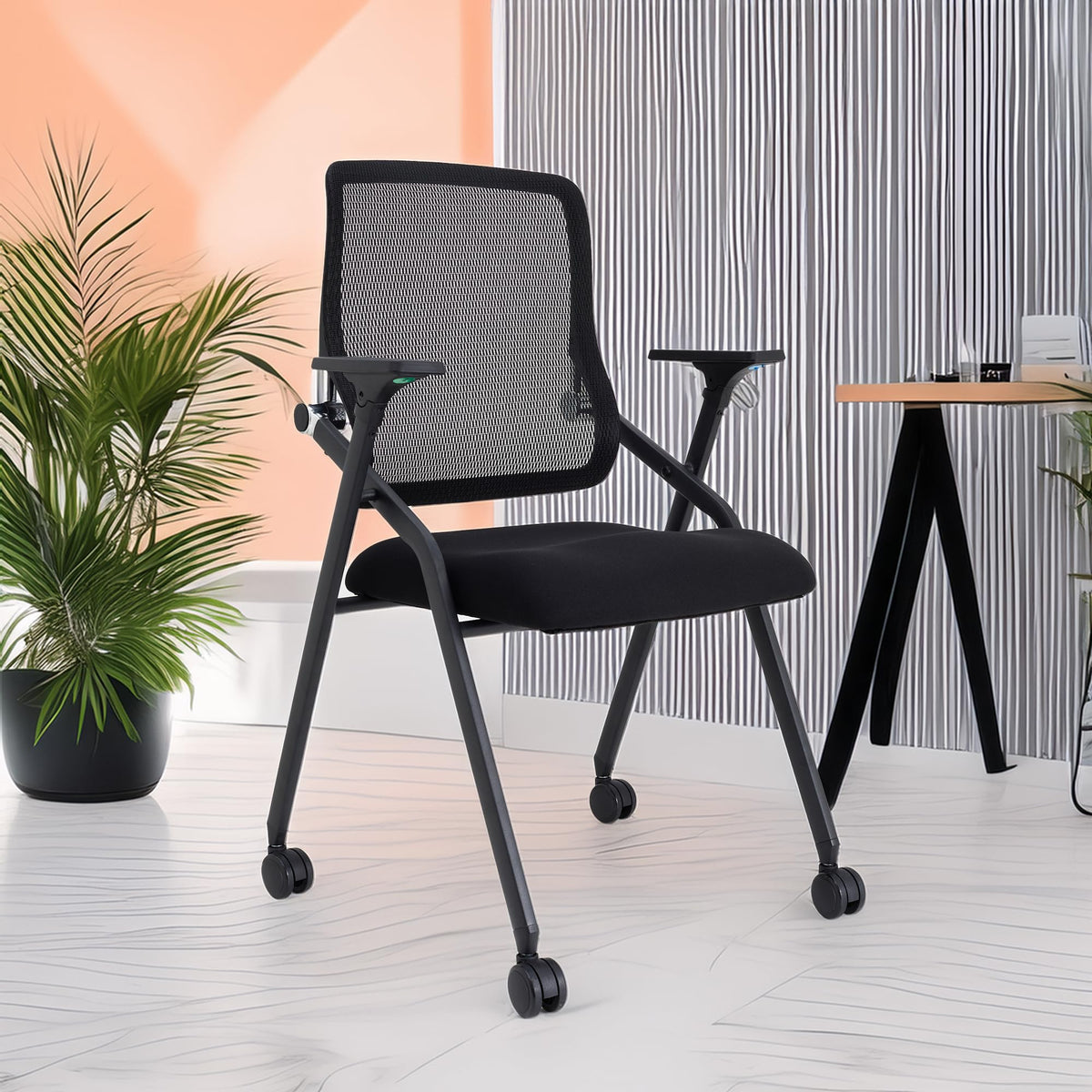 Blaneduo Updated Conference Room Chairs, Folding Office Desk Chair with Lumbar Support and Sliding Armrest with Casters, Stackable Office Guest