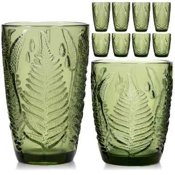 Green Drinking Glasses Set of 8 - 12 & 10 oz, Vintage Boho Fern Glass Cups