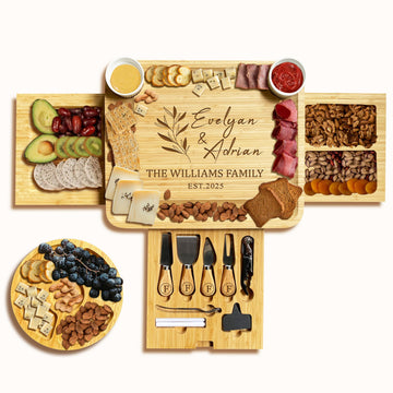 Personalized Bamboo Charcuterie Board Gift Set with 3 Drawers & Utensils, Custom Cheese Board with Round Tray, Housewarming, Wedding & Birthday Gift for Couples and Family