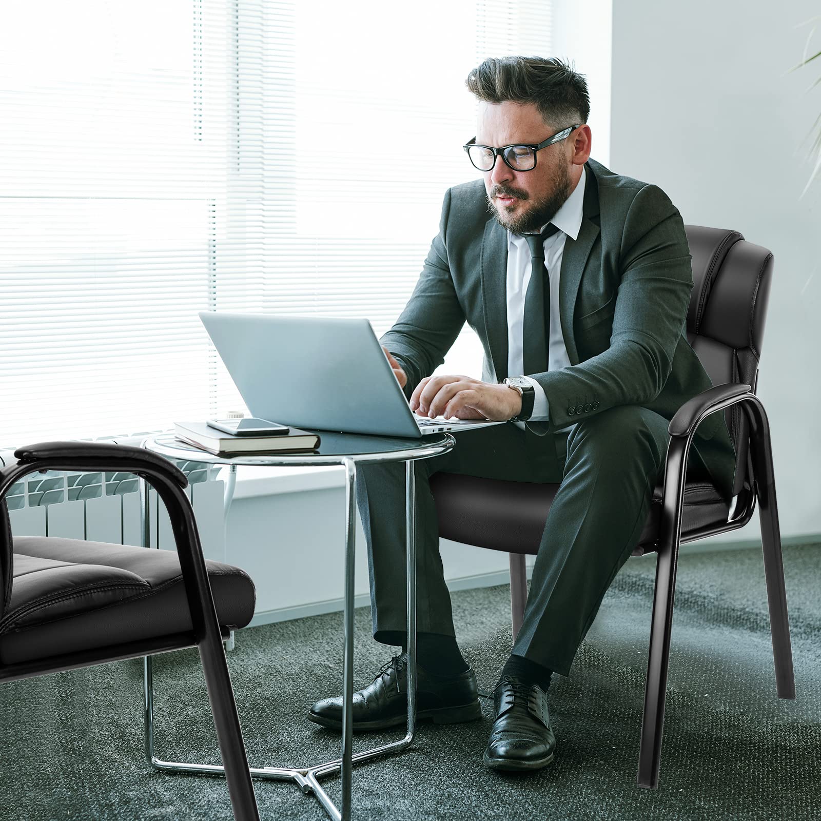 Olixis Waiting Room Chairs, Leather Office Desk Reception Guest Stationary Side Chair with Padded Arms for Home Conference Lobby Area Meeting