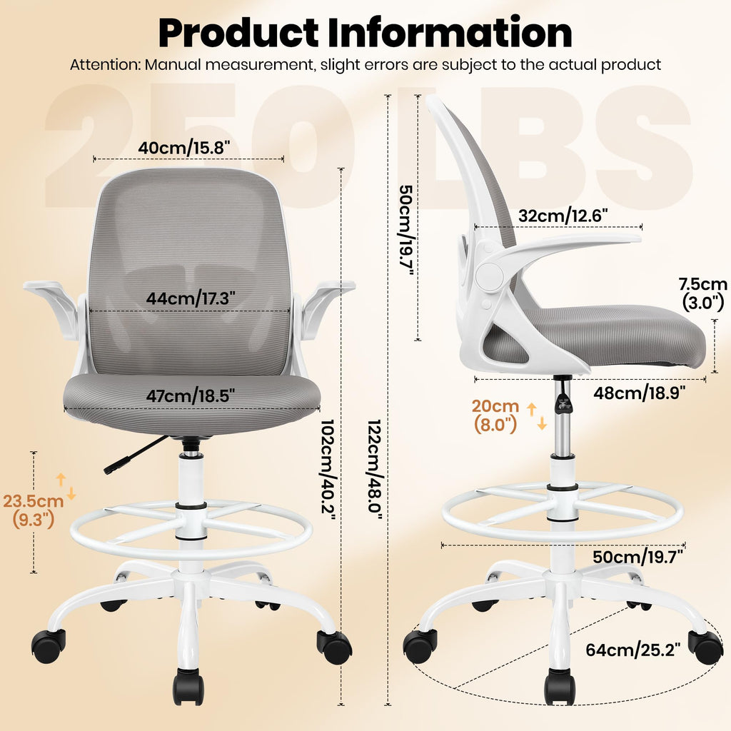 Ergonomic Drafting Chair with Flip-up Armrests & Adjustable Footrest – Tall Office Chair for Standing Desks, Lumbar Support, Gray – Home &