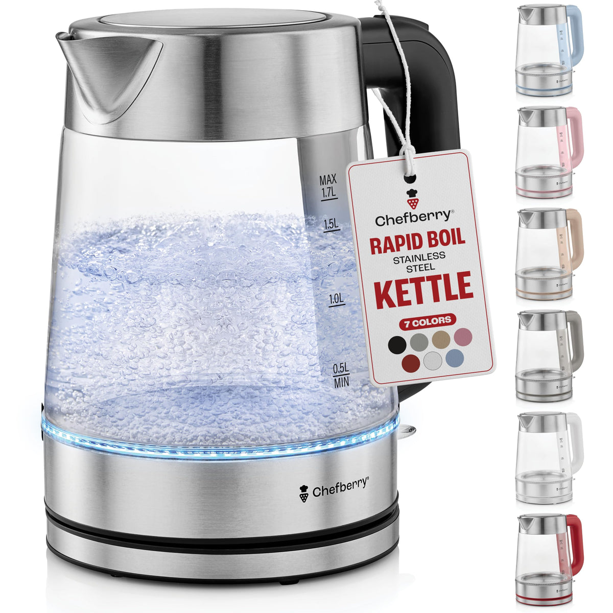 Electric Kettle for Boiling Hot Tea & Water | 1.7L Stainless Steel Borosilicate Glass Boiler With No Plastic, Automatic Shutoff, BPA Free, Fast Heating Technology (Black)