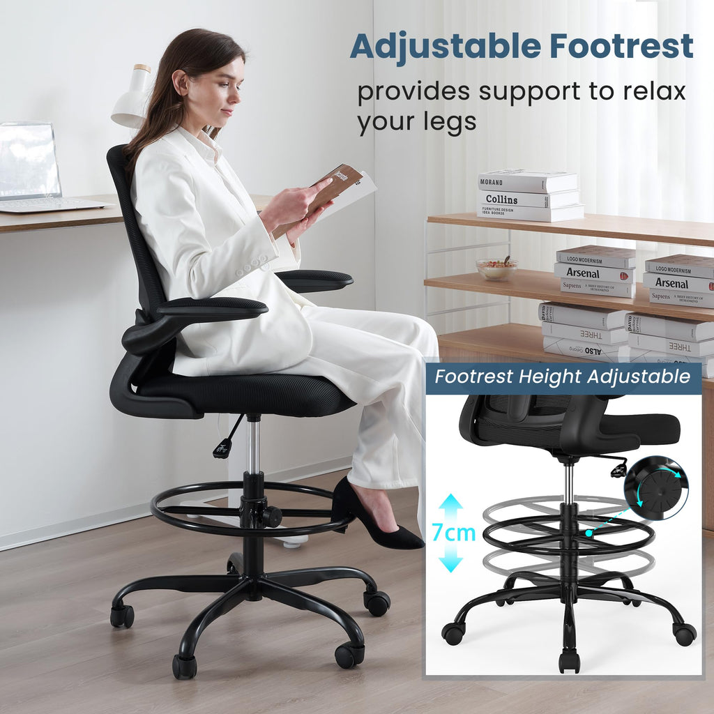Drafting Chair, Tall Office Chair with Flip-up Armrests Executive Ergonomic Computer Standing Desk Chair, Office Drafting Chair with Lumbar