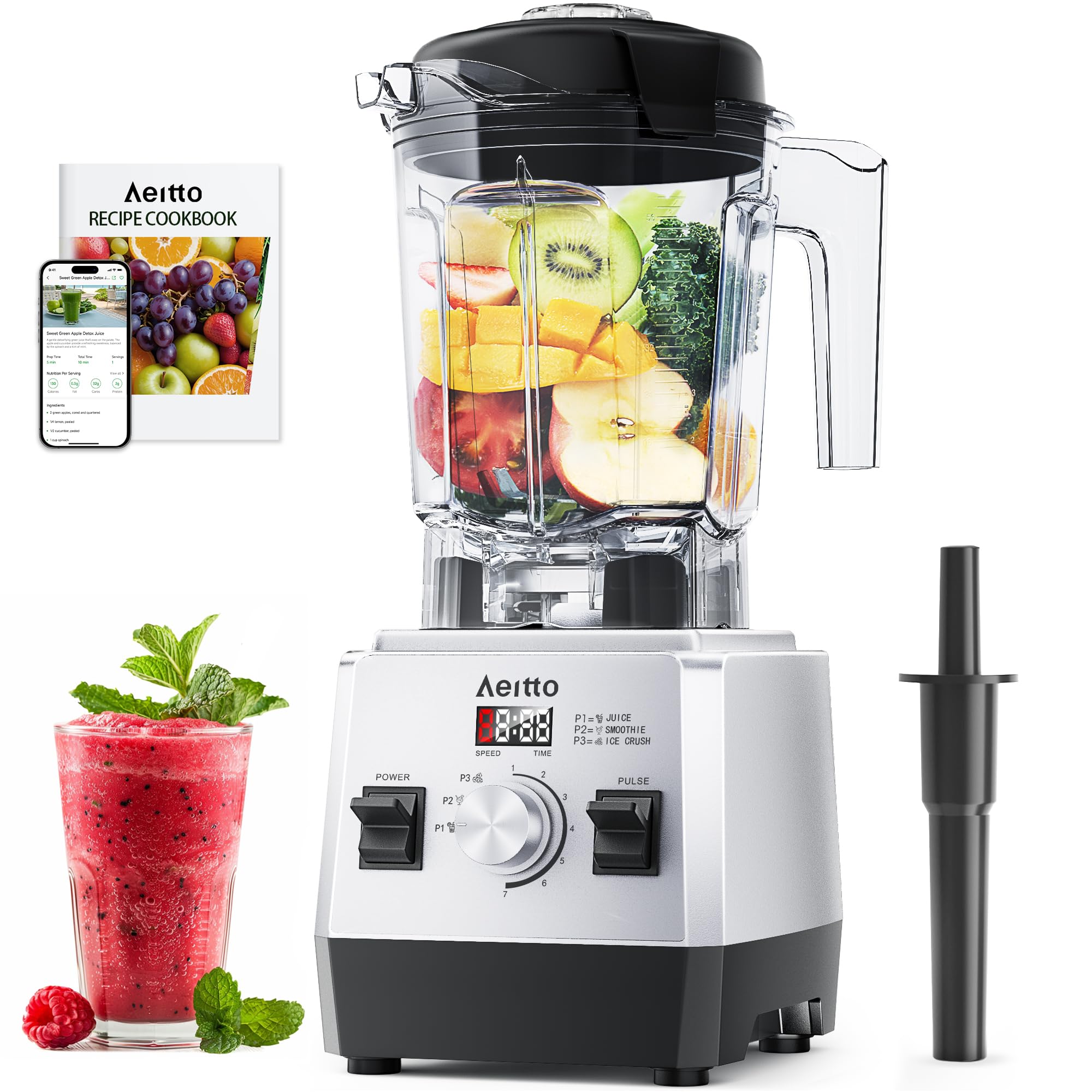 Aeitto Blenders for Kitchen with 68Oz. Jar, 1800W Max Power Smoothie Blender, 3 Preset Programs & 7 Speeds, Professional Countertop Blender for Smoothies, Ice Crush, Frozen Drinks, Silver