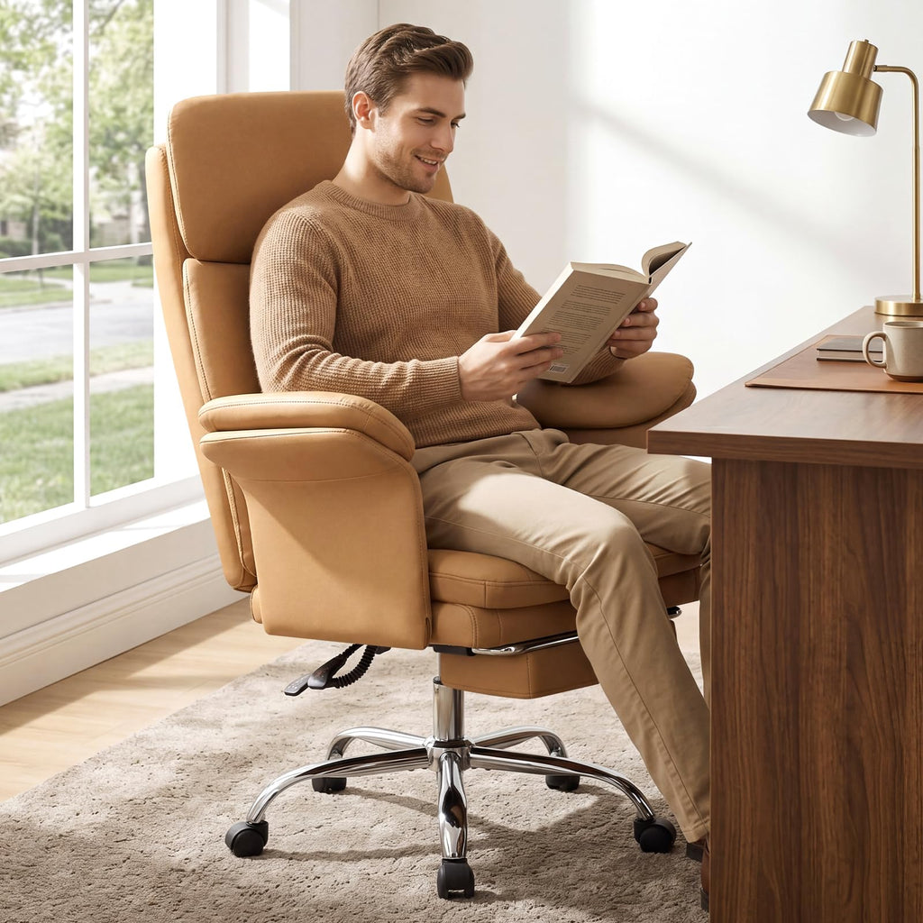 Executive Leather Office Chair with Footrest - High Back Ergonomic Desk Chair, Comfortable Lumbar Support, Soft Armrests, Adjustable Height