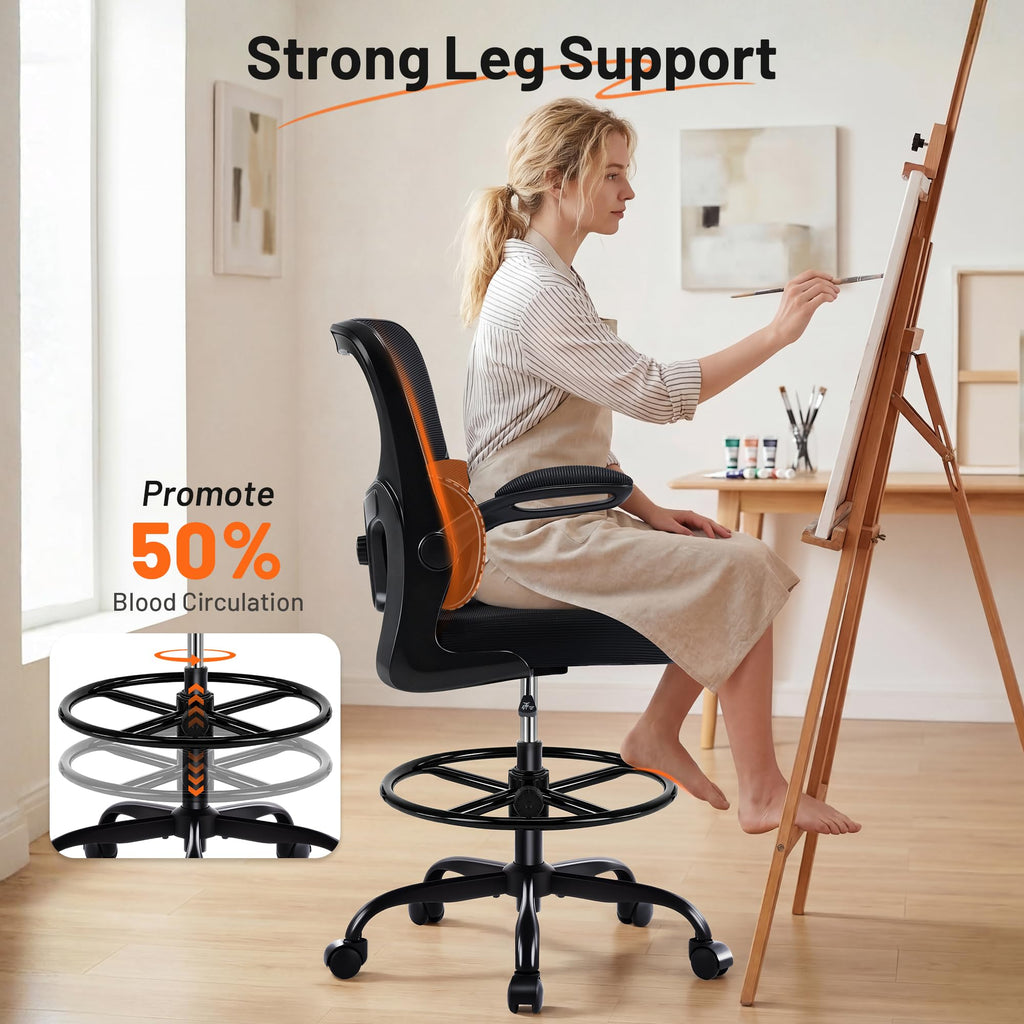 Areshark Drafting Chair - Ergonomic Tall Office Chair with Lumbar Support and Flip-up Armrests - High Standing Desk Chair Breathable Mesh with