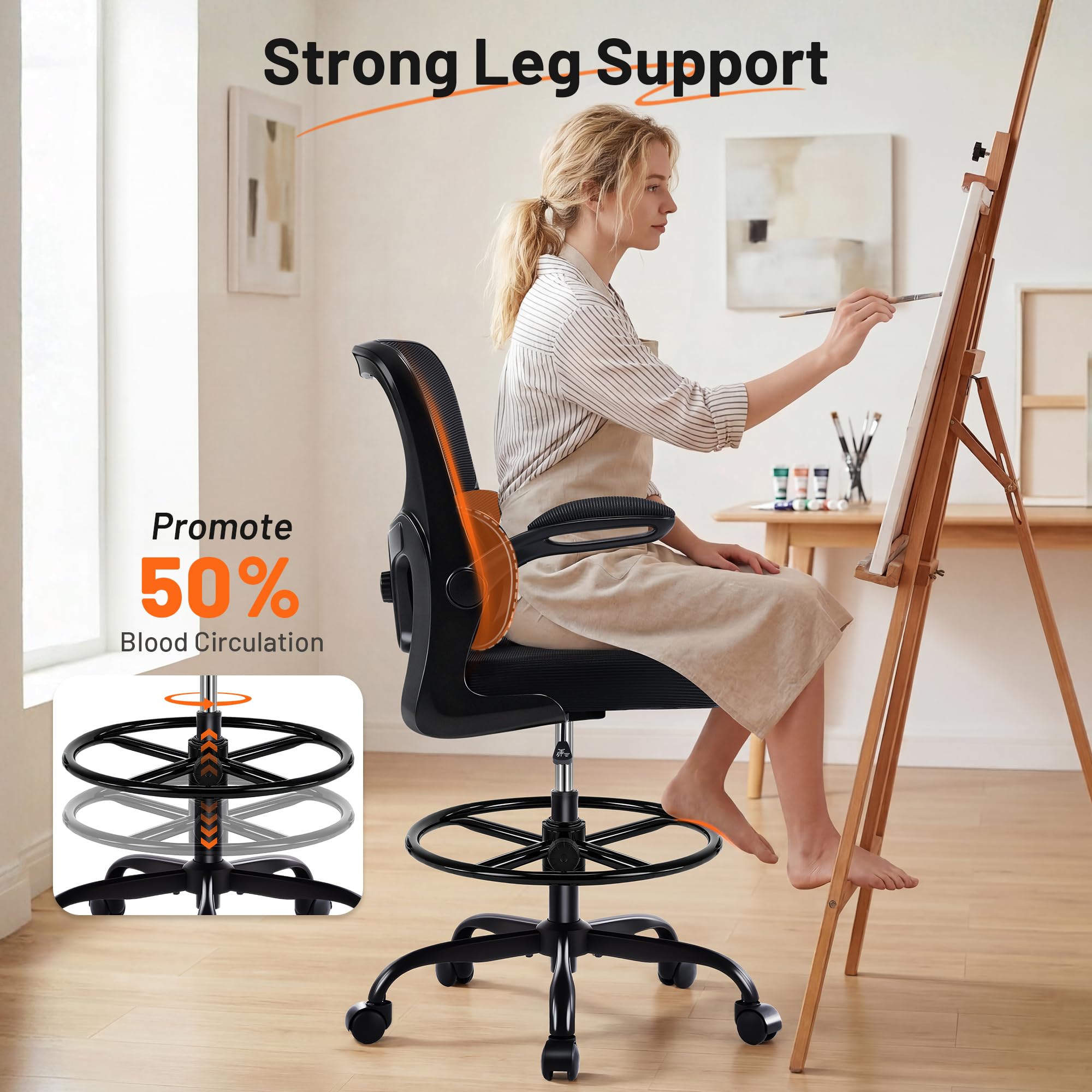 Areshark Drafting Chair - Ergonomic Tall Office Chair with Lumbar Support and Flip-up Armrests - High Standing Desk Chair Breathable Mesh with